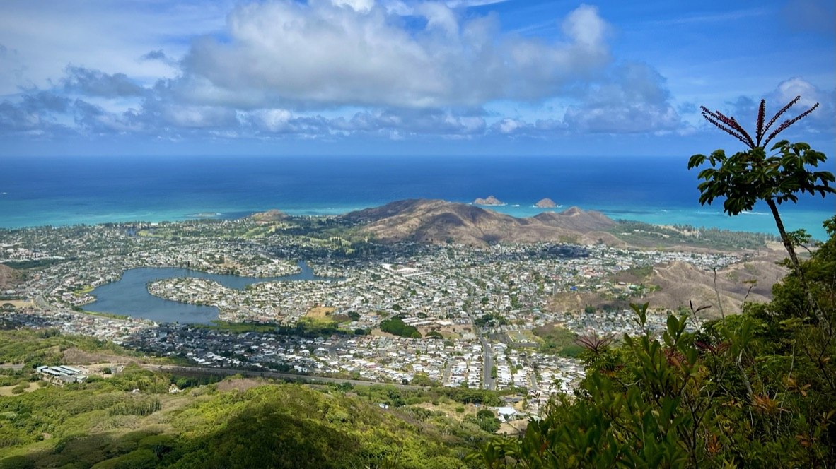 Kailua town, lake and coastline viewed from above